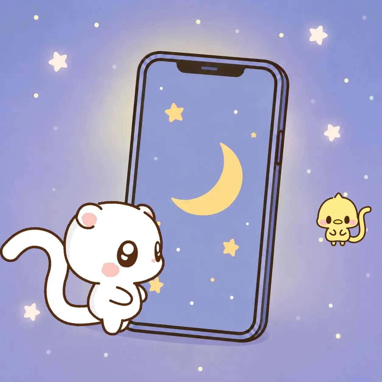 月の壁紙を表示したスマホを見る公式ももんちぃとひよちぃ
